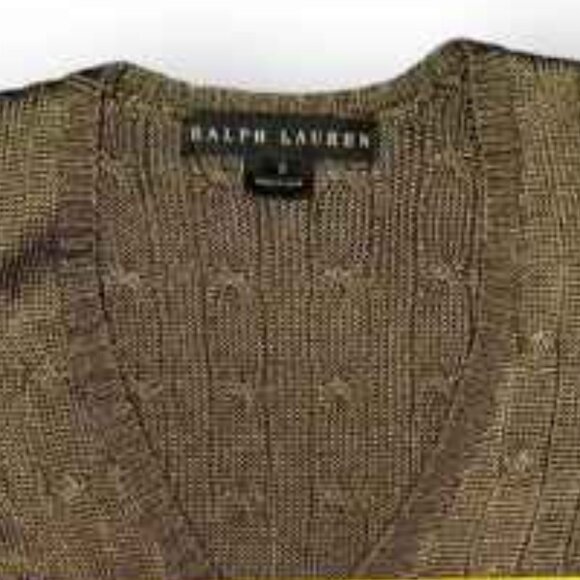 SOLDRalph Lauren Black Label 100% Silk Cable Knit V Neck Sweater, Military Green - Picture 3 of 14